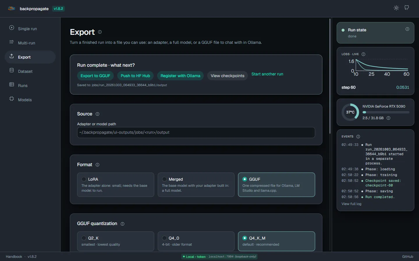The Export page after a finished run, with shortcuts to export to GGUF or register with Ollama, and the three format cards.