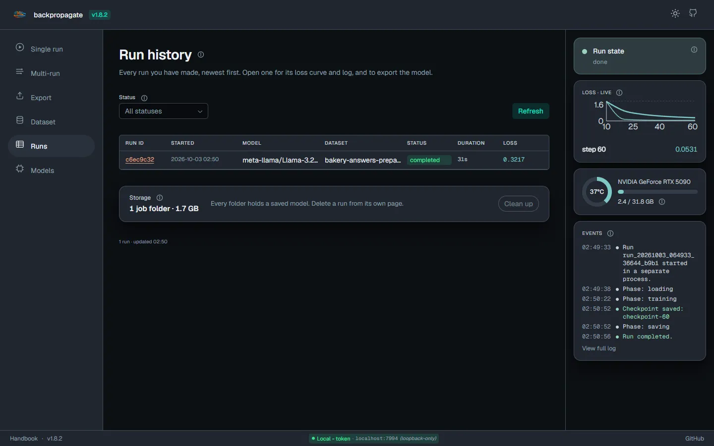 The Run history page with one completed run, its model, dataset, duration and final loss, and a storage line below.