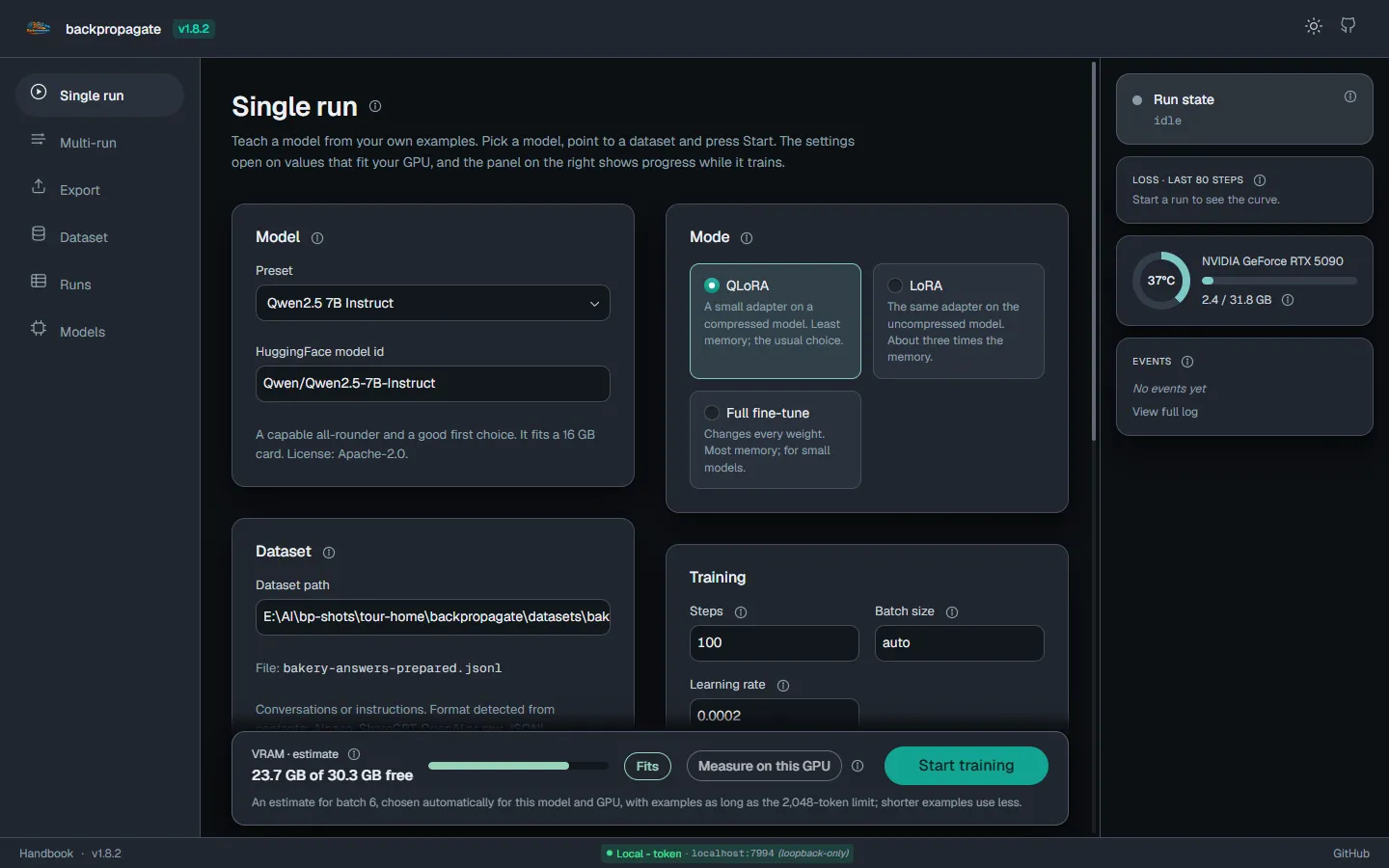 The Single run page: model, dataset, method, mode, training settings and the LoRA adapter cards, with a memory estimate and the Start training button along the bottom.