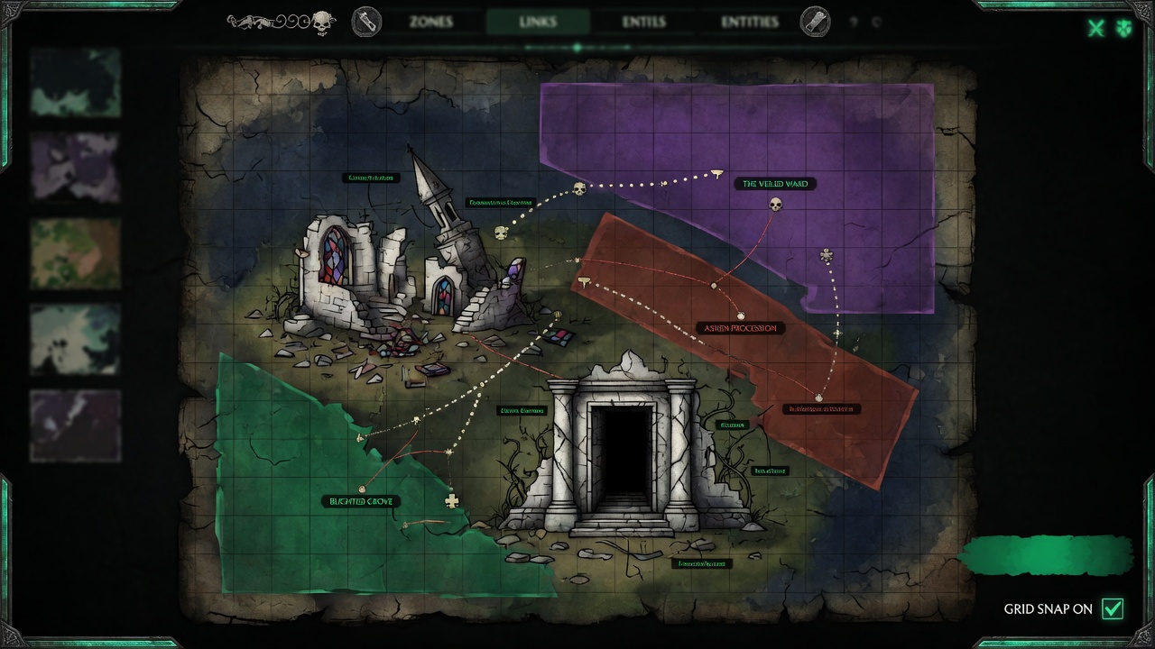 World Forge canvas — zones, connections, and a painted island world